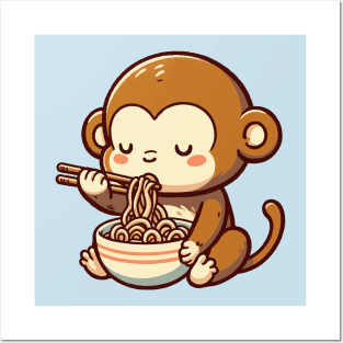 cute monkey eat a bowl of ramen. Posters and Art